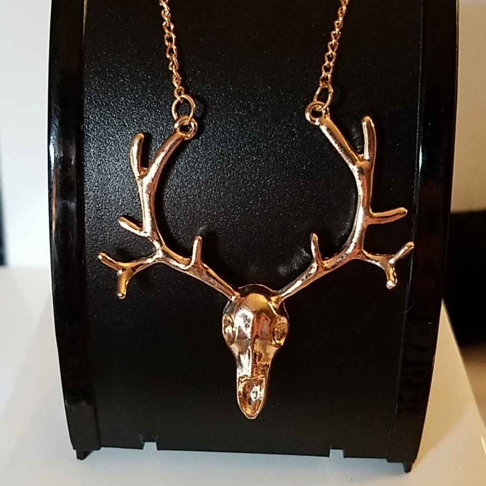 Deer Head Antlers Necklace Gold 20"